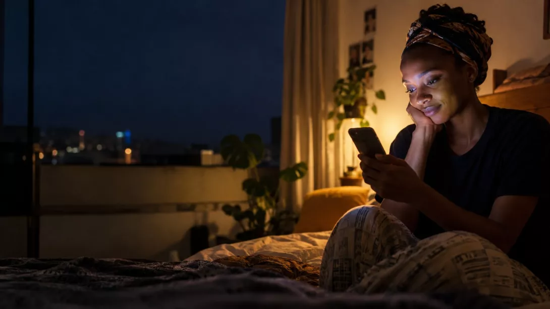 Young African woman using her smartphone at night, illustrating the growing use of AI chatbots for mental health support.